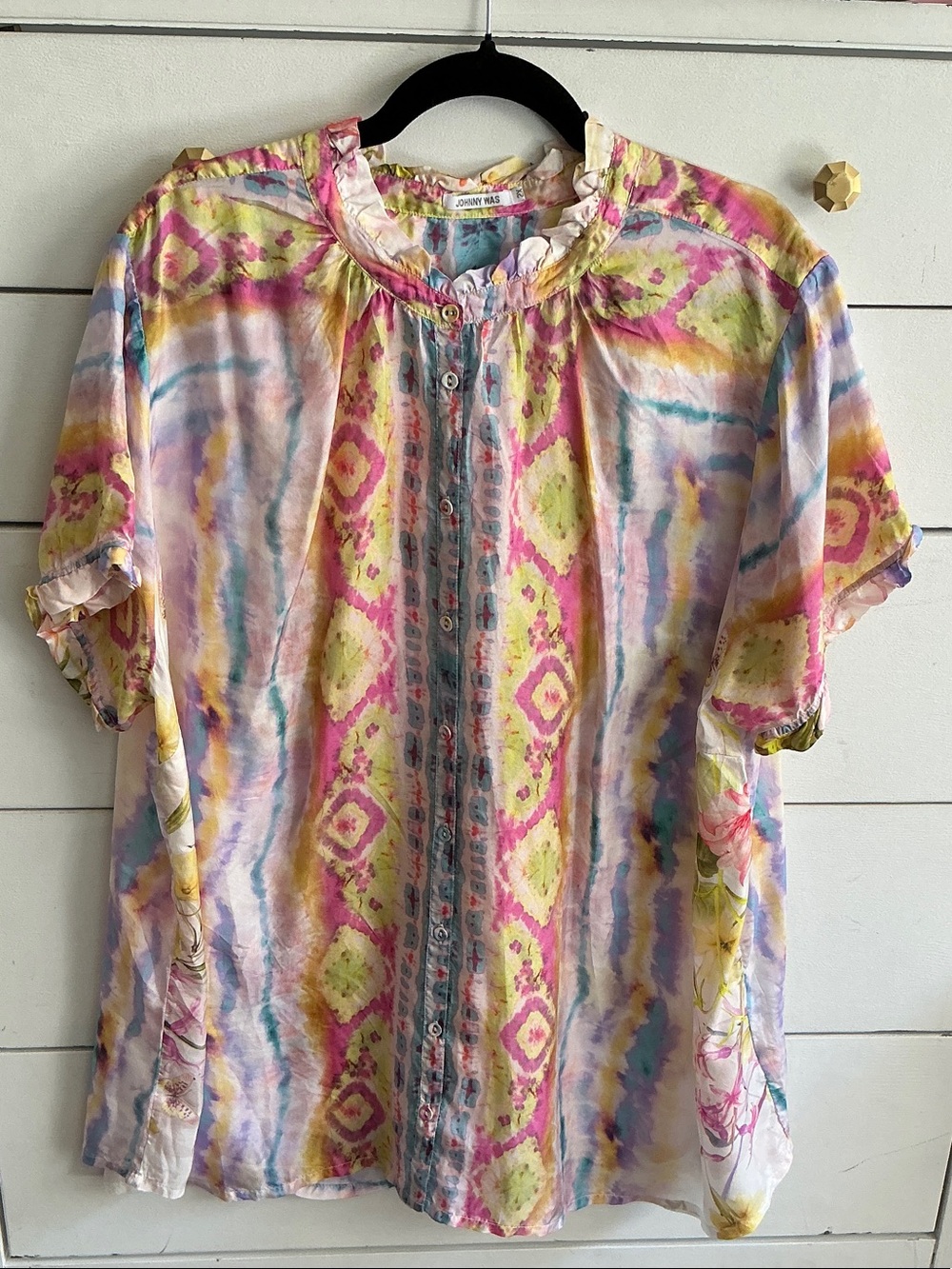 Johnny Was Silk Multicolor Pastel Tie-Dye Button Front Top - Pink, Yellow, Blue